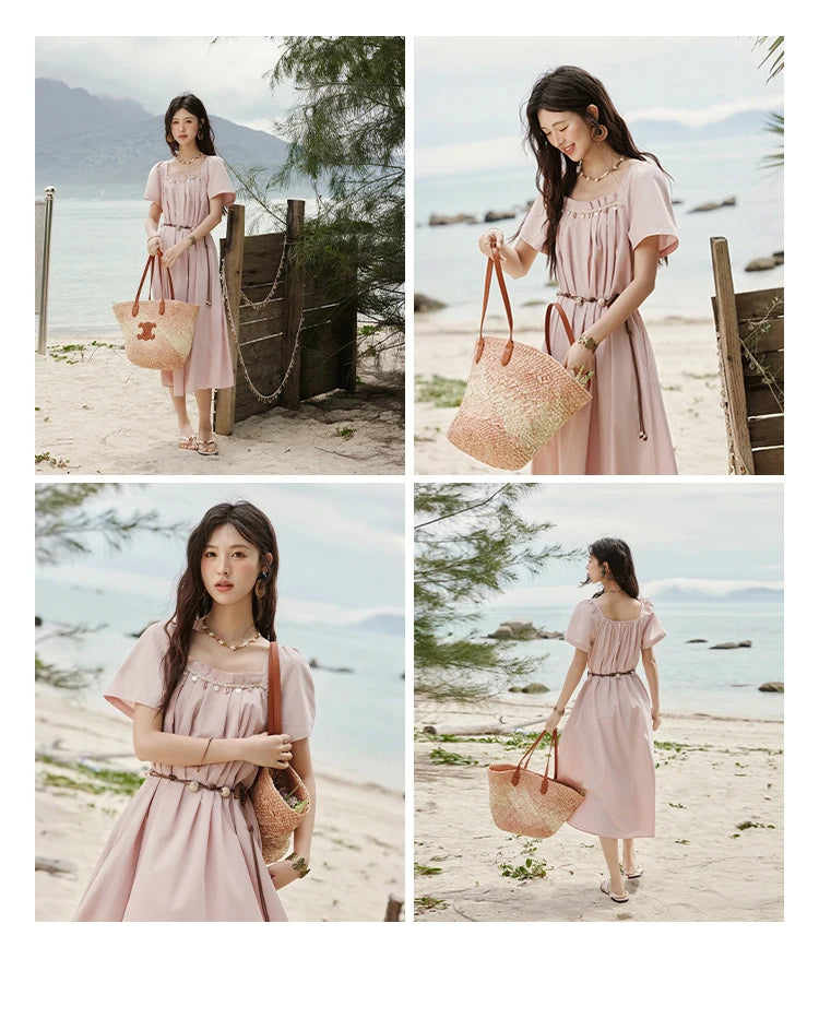 MISHOW Bohemian Pink Women‘s Summer Dresses Women 2025 Short Sleeve Square Collar with Belt Dress Lady New Fashion MXE33L2158