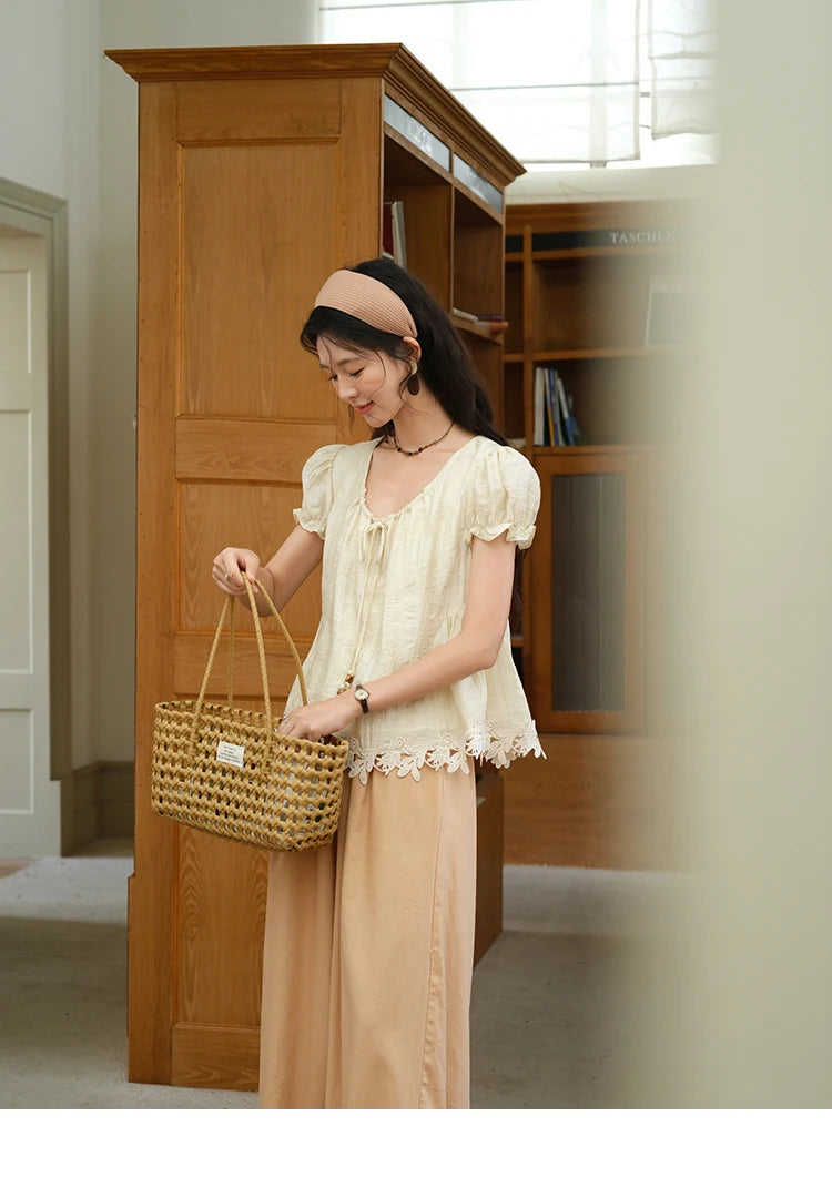 MISHOW Women's French Round Neck Lace Up Blouse 2025 Summer Embroidery Puff Sleeve Flower Spliced Commut Short Top MXE39X1956