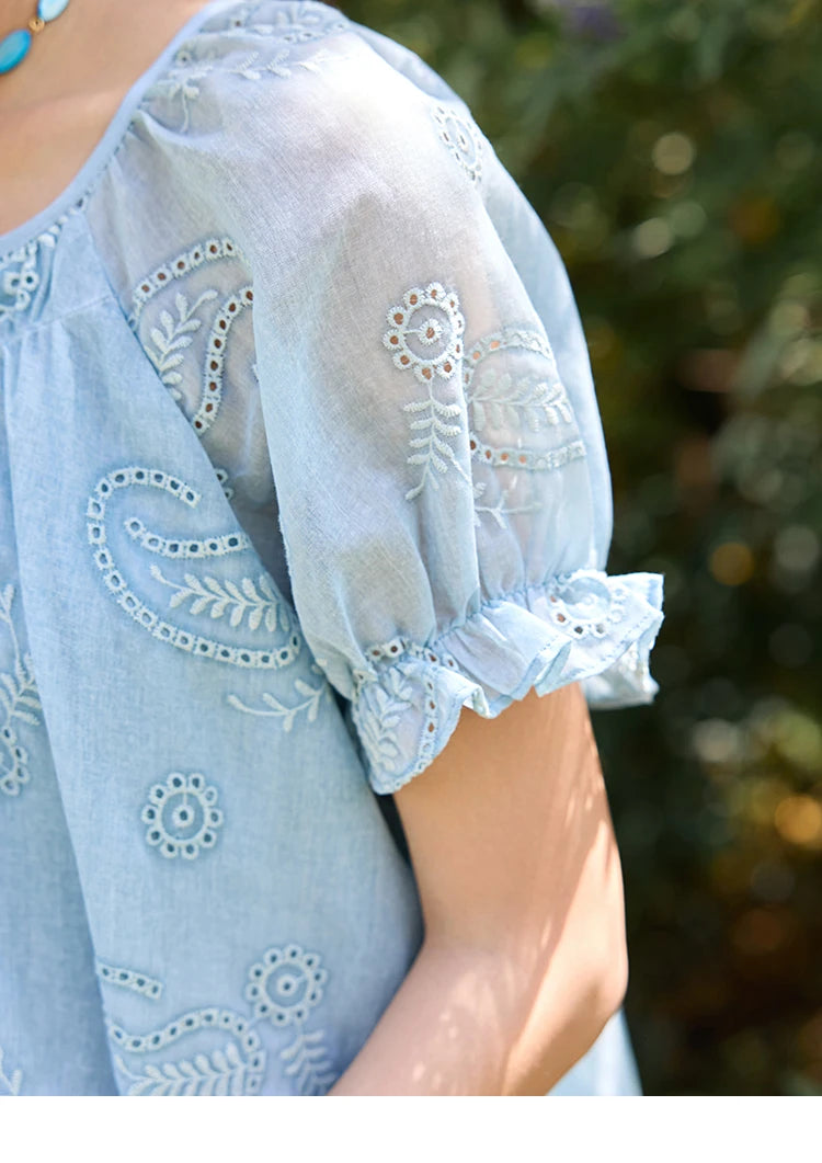 MISHOW Embroidery Flower Shirt for Women 2025 Summer New Fashion Loose Puff Sleeve Round Neck Top Female Clothing MXE39X1922