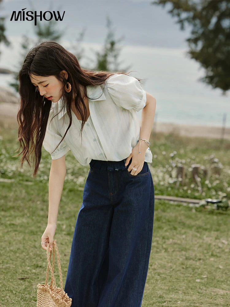 MISHOW French Summer Blouses Women New 2025 Solid Short Sleeve Turn-down Collar Slimming Shirts Female Straight Thin MXE33C0782