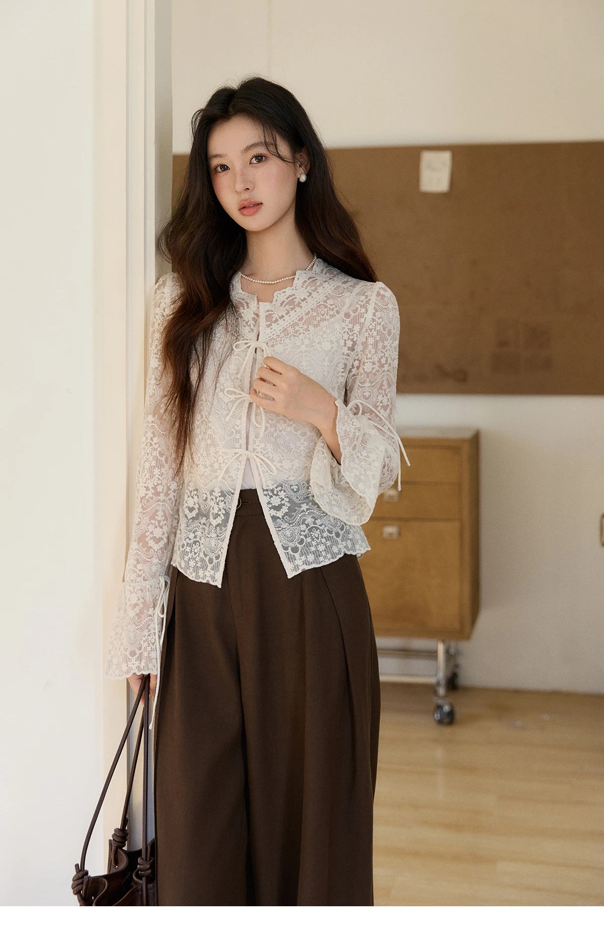 MISHOW Women's Sweet Lace Top Camisole Set Spring Tie Front Flare Sleeve Sheer Casual Elegant Two-Piece Knitwear MXF108X1001