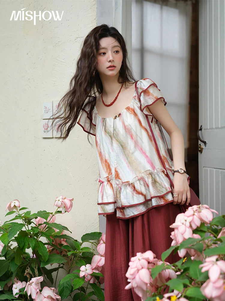 MISHOW Women's Retro Stripe Print Blouse 2025 Summer New Fashion O-Neck Butterfly Sleeve Ladies Casual Patchwork Top MXE38X1862