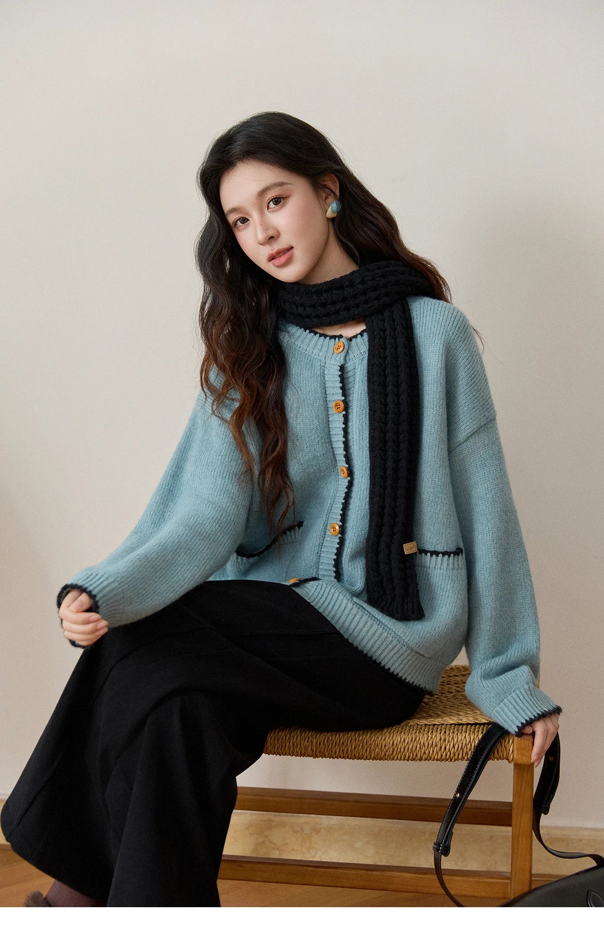 MISHOW Women's Yellow Knitted Cardigan 2025 Autumn Winter Color Collision Edge Sweater Pockets Loose Warm Casual Tops MXE94Z2973