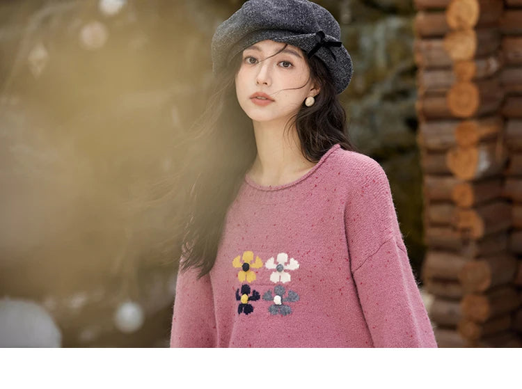 MISHOW Wool Blend Yarn Knitted Sweater Flower Color Dots Design 2024 Winter Women O-Neck Pullovers Lazy Sweaters MXD56Z1066