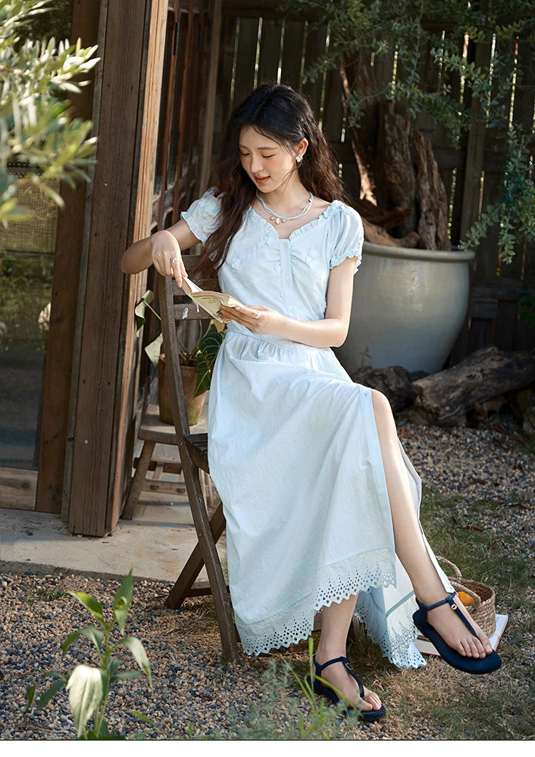 Mishow V-Neck Mushroom Edge Embroidery Button Dress MXE39L2407