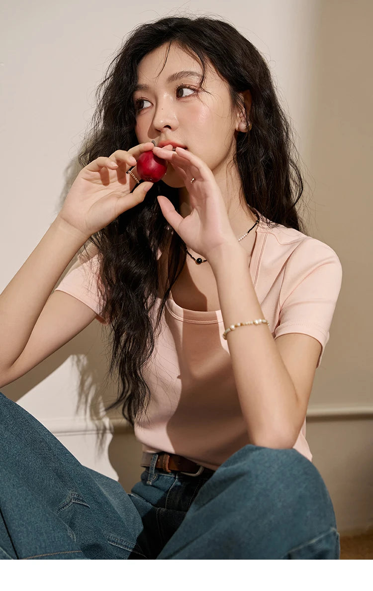 MISHOW Short Sleeve T-shirts Women Spring Solid Square-neck Top Elegant Woman Clothes Office Lady Cotton Tees MXC12T0641