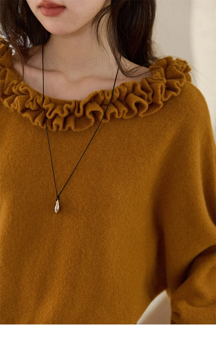 MISHOW Pullovers Women 2025 French Style Orange Lotus Edge Crew Neck Lantern Sleeves Top Slim Luxury Women's Sweaters MXE86Z2726