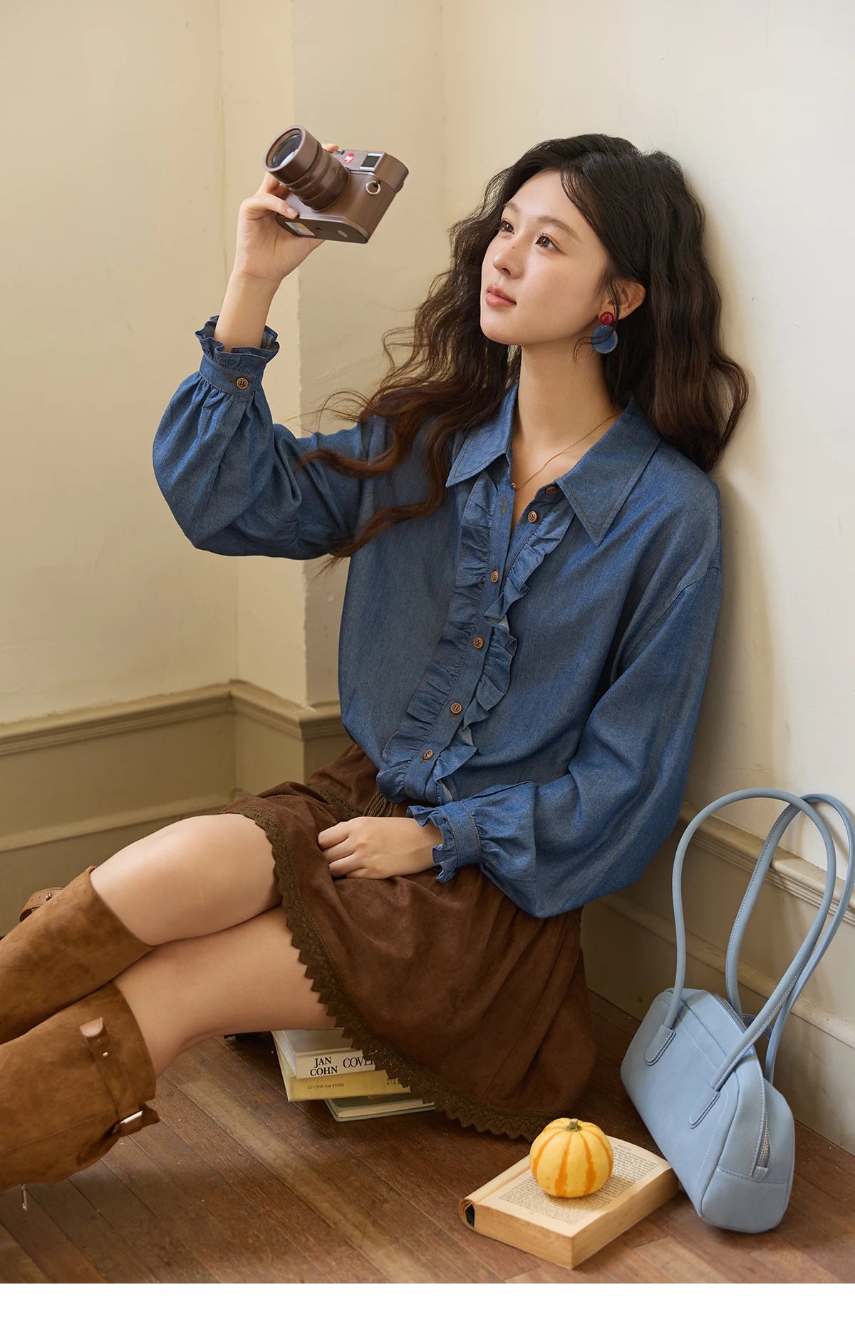 MISHOW Blue Lyocell Imitation Denim Shirt for Women Autumn 2025 Ruffled Placket Contrasting Button Waist Cinc Shirt MXE43C2386