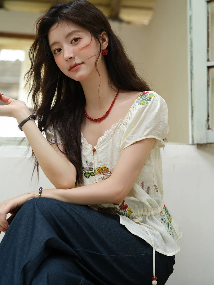 MISHOW Women's Fashion Flower Embroidery Blouse Summer 2025 Square Neck Lace Drawstring Short Top Ladies Clothing MXE37X1895