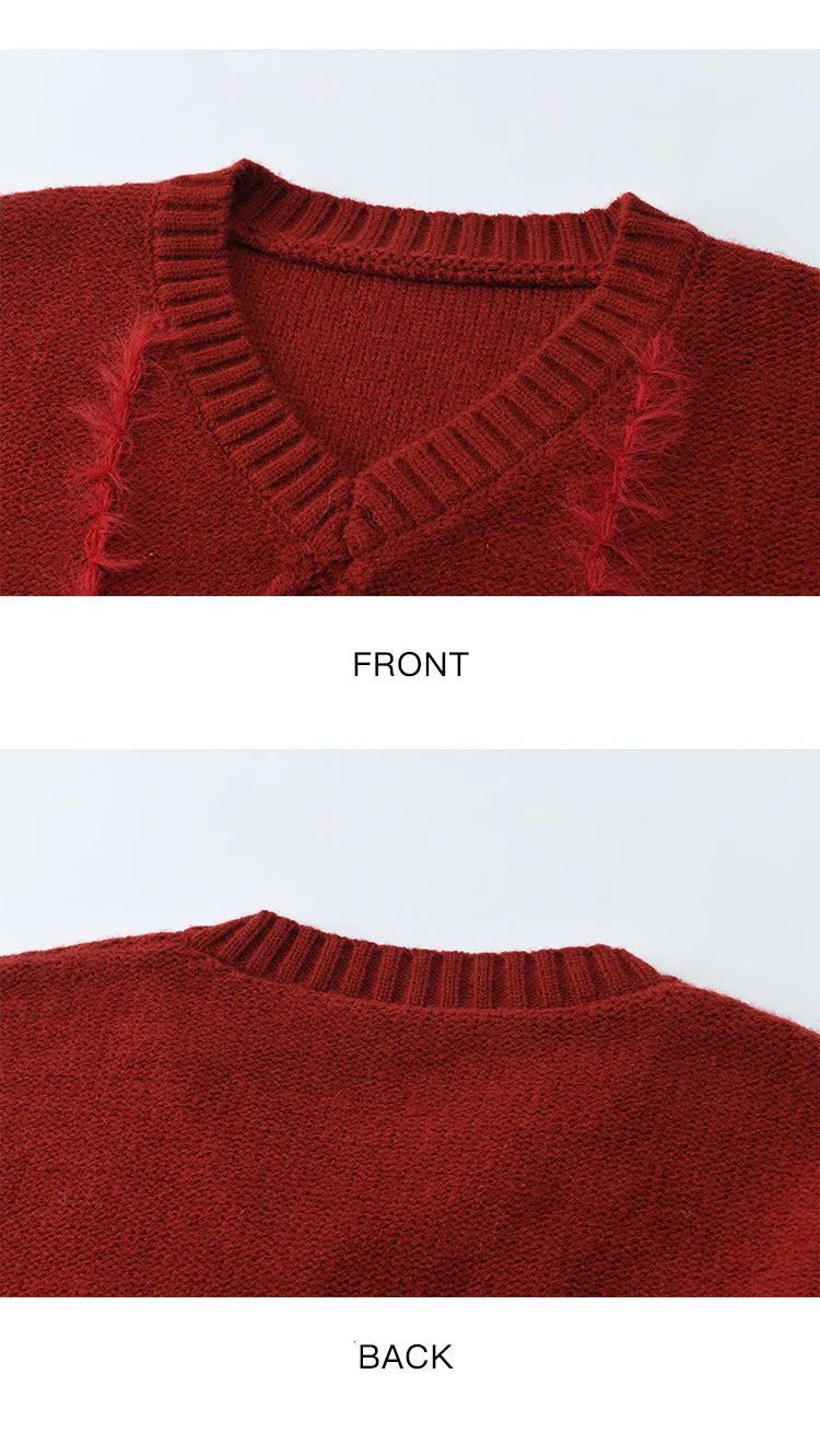 MISHOW Christmas Knitted Sweater Women 2025 Winter Burgundy V-neck Loose Tops Mink Fur Tassel with Scarf Tie Sweaters MXE93Z2809