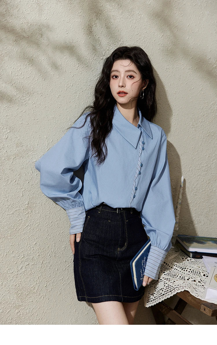 MISHOW Striped Patchwork Shirt for Women Spring 2025 Irregular Single Breasted Buckle Shirts Lapel Tops Office Lady MXE12C0412