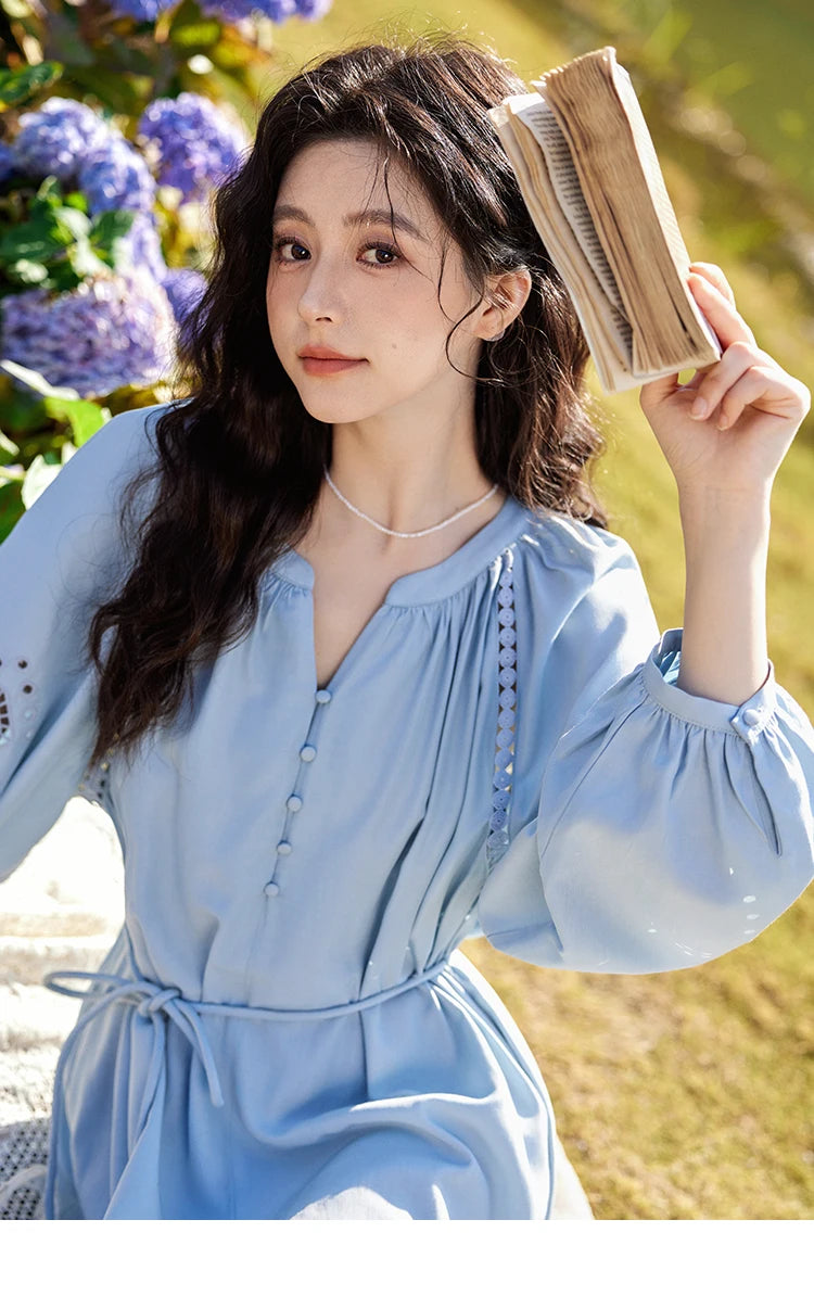 MISHOW French Hollow Lace Dress for Women 2025 Spring Vacation Slim Waist V-neck Dresses Loose Beach Fairy Dresses MXE12L2091