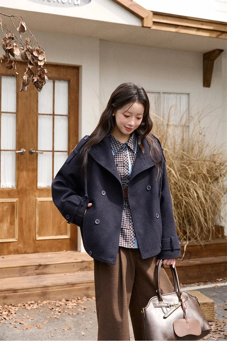 MISHOW Retro Blue Plaid Shirt for Women 2025 Autumn Winter Lapel Lantern Sleeves Ruffled Hem Top Slim Casual Shirt MXE89C2420