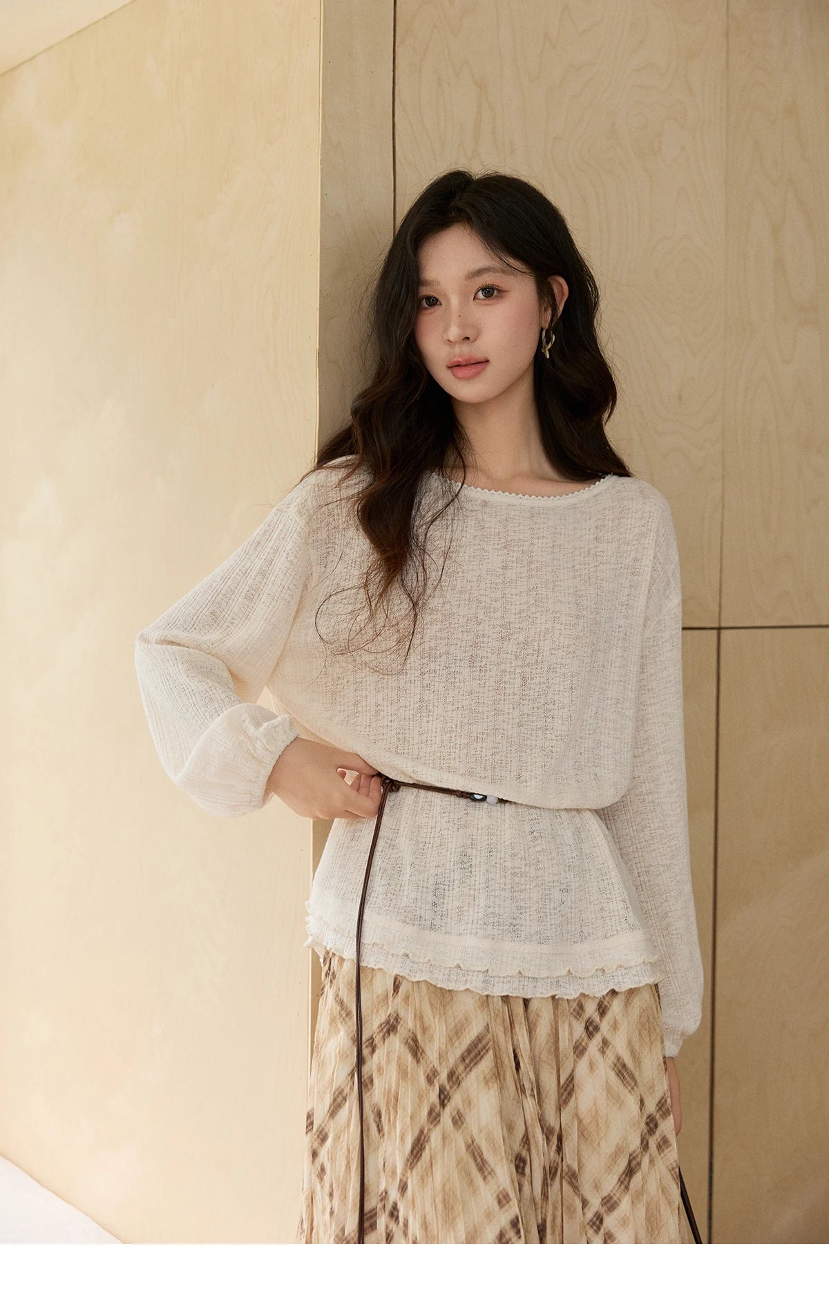 MISHOW Women's Lace Trim Boat Neck Knitted Tops with Belt 2026 Spring  Micro Transparent Loose Casual Thin Sweater MXF13Z3002