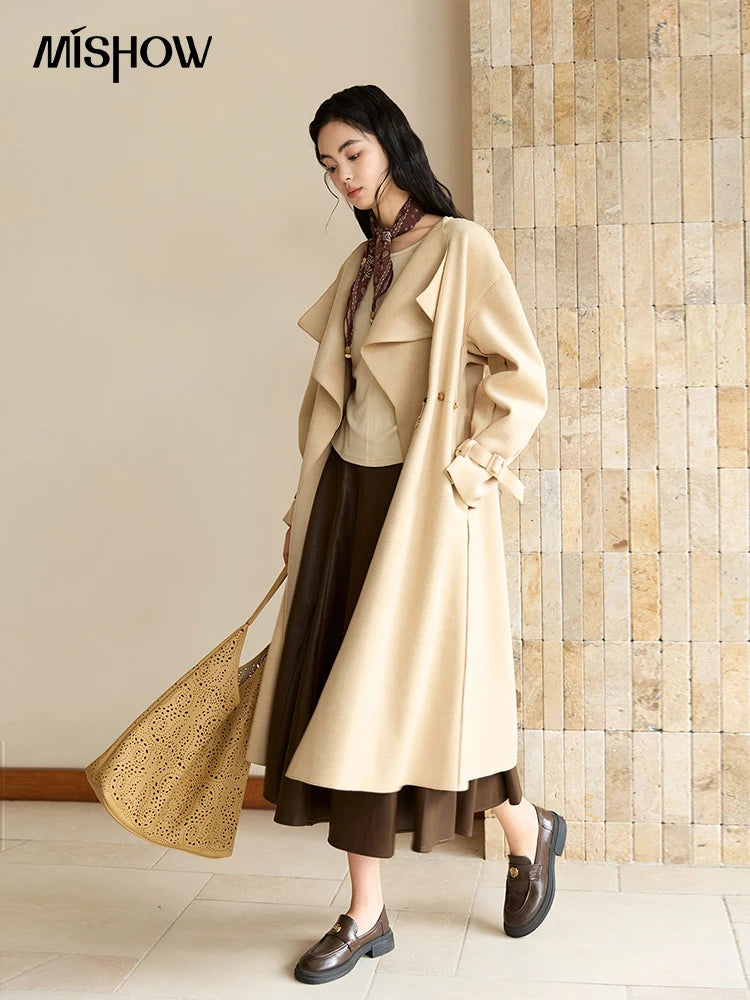 MISHOW Woolen Coat for Women 2025 Autumn Winter New Style Drawstring Waist Large Lapel Mid-length Commuter Loose Coat MXE45W0841