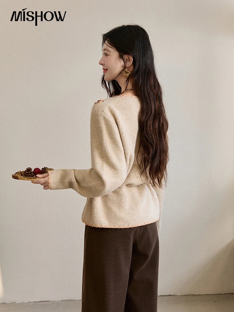 MISHOW Women's Apricot Hand-Embroidered Cardigan 2025 Winter Wool Blend Sweater Waist Tie Crochet Thick Warm Knitwear MXE87Z2702