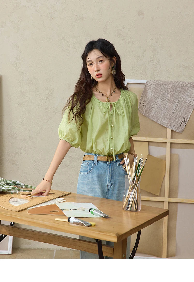 MISHOW Women's Round Neck Blouse 2025 Summer New Fashion Lace Up Puff Sleeve Casual Chiffon Top Ladies Clothing MXE36X1875