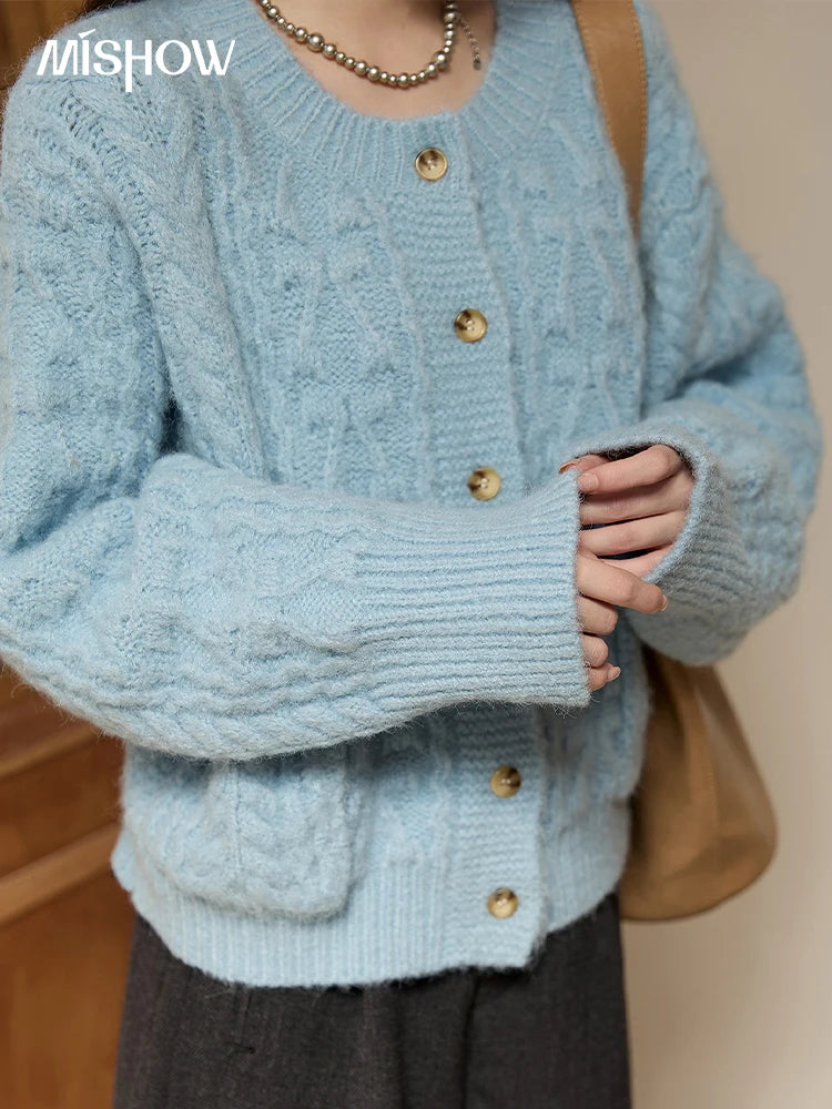 MISHOW Cardigan Women 2025 Autumn Winter Fashion Light Blue Retro Crew Neck Knitted Sweater Casual Loose  Pocket Top MXE49Z2614