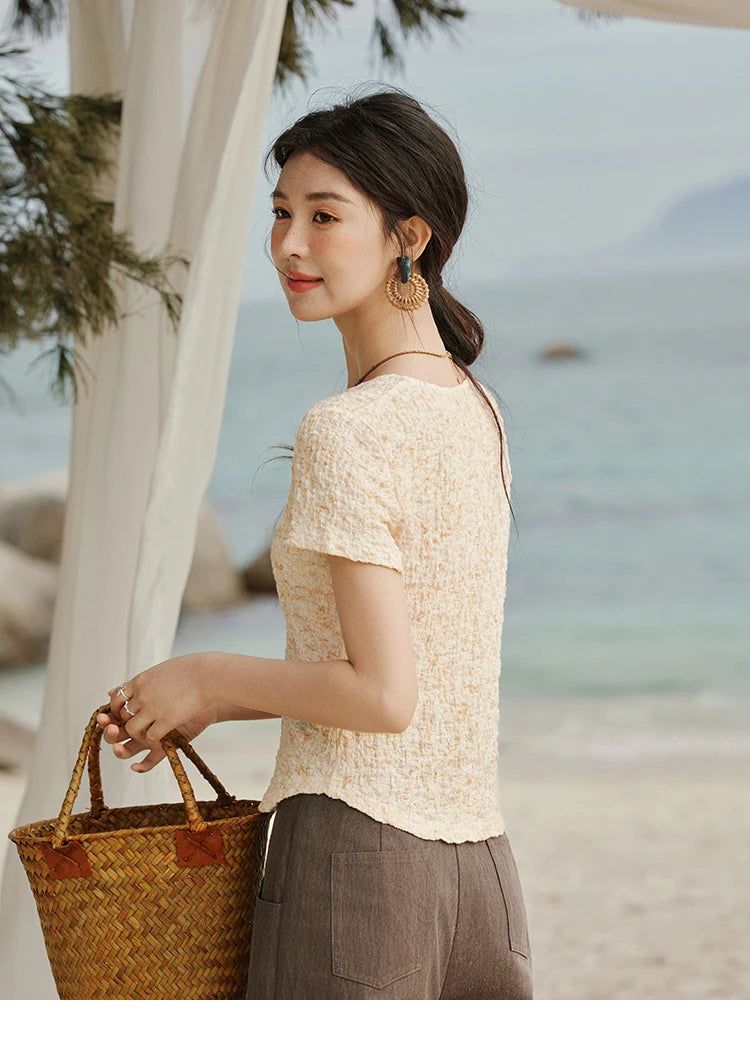 MISHOW Print Casual Summer T-shirts Women 2025 New Short Sleeve V-neck Thin Knitted Shirt Female Fashion Breathable MXE31Z1234