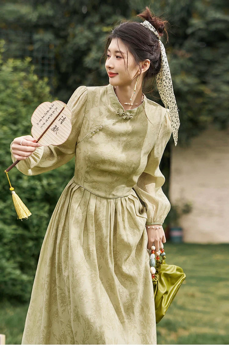 MISHOW Retro Chinese Improved Cheongsam Dress 2024 Spring Chiffon Printing Green Puff Sleeve Stand Neck Waist Dresses MXD14L1767