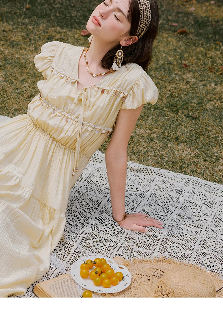 MISHOW Holiday Summer Dresses Women 2025 Solid V-neck Short Puff Sleeve Shell Ribbon High Waist Dress Woman Fashion MXE33L2193