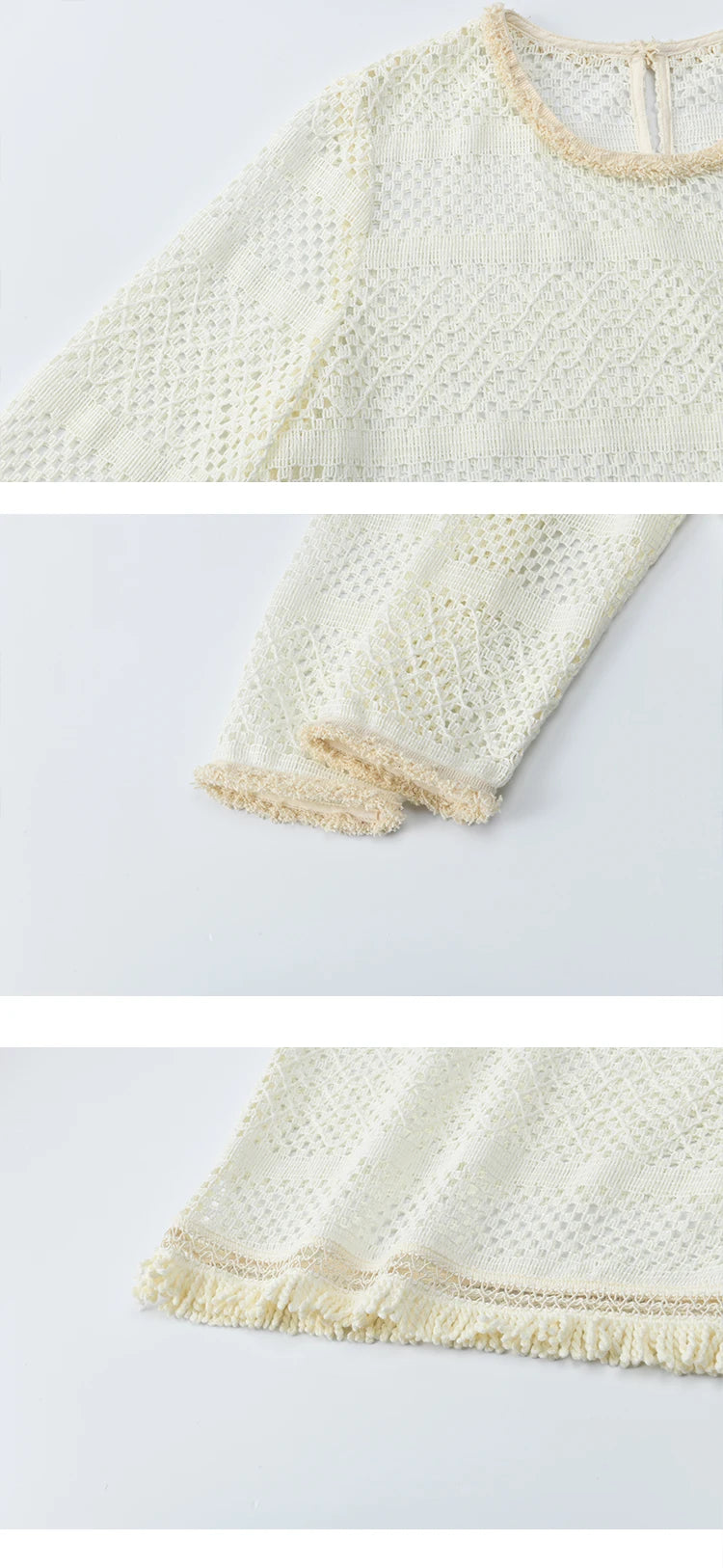 MISHOW Bohemian Lace Hollow Top for Women 2025 Autumn Hem Tassel Lace Breathable Top Beige White Casual Knitted Tops MXE41X2466