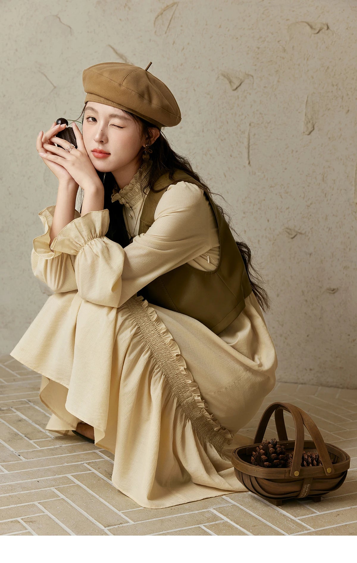 MISHOW French Stand Neck Elasticity Dress 2024 Autumn Waist Elegant A-line Dresses Elastic Lotus Leaf Sleeves Dress MPD42L2036