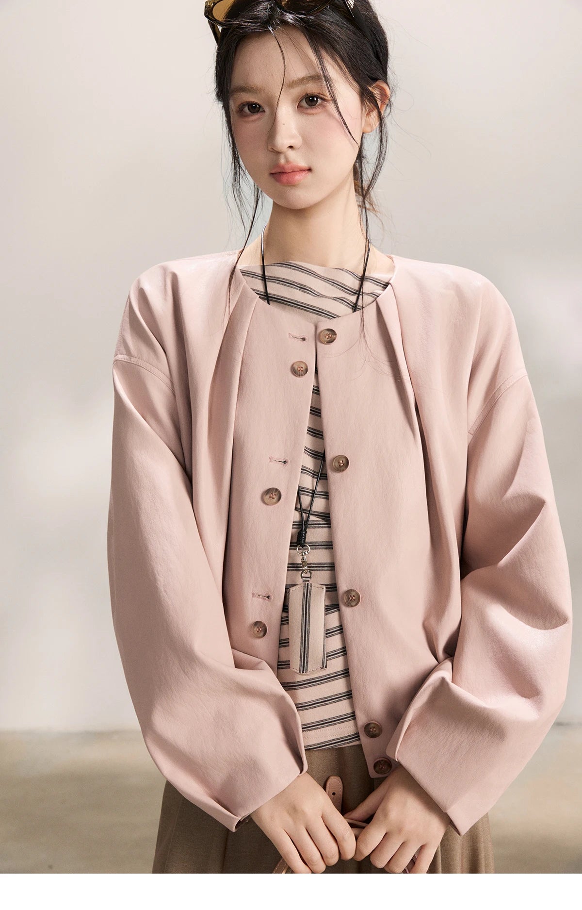 MISHOW Women's Pink Flower Bud Leather Jacket Spring 2026 Crew Neck Single-breasted Coats Casual Loose Cropped Coat MXF108W1001