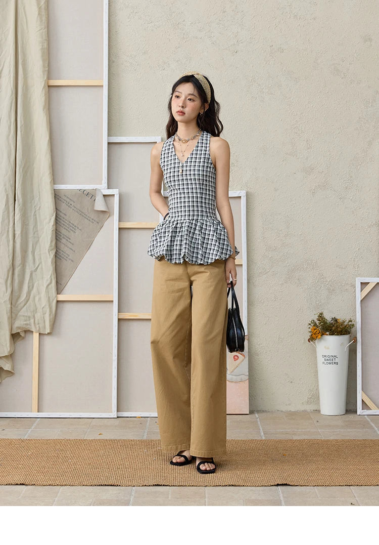 MISHOW 100Cotton Khaki Lace Patchwork Wide Leg Pants for Summer 2025 High Waist Straight Leg Trousers Commuting Pants MXE34K0925