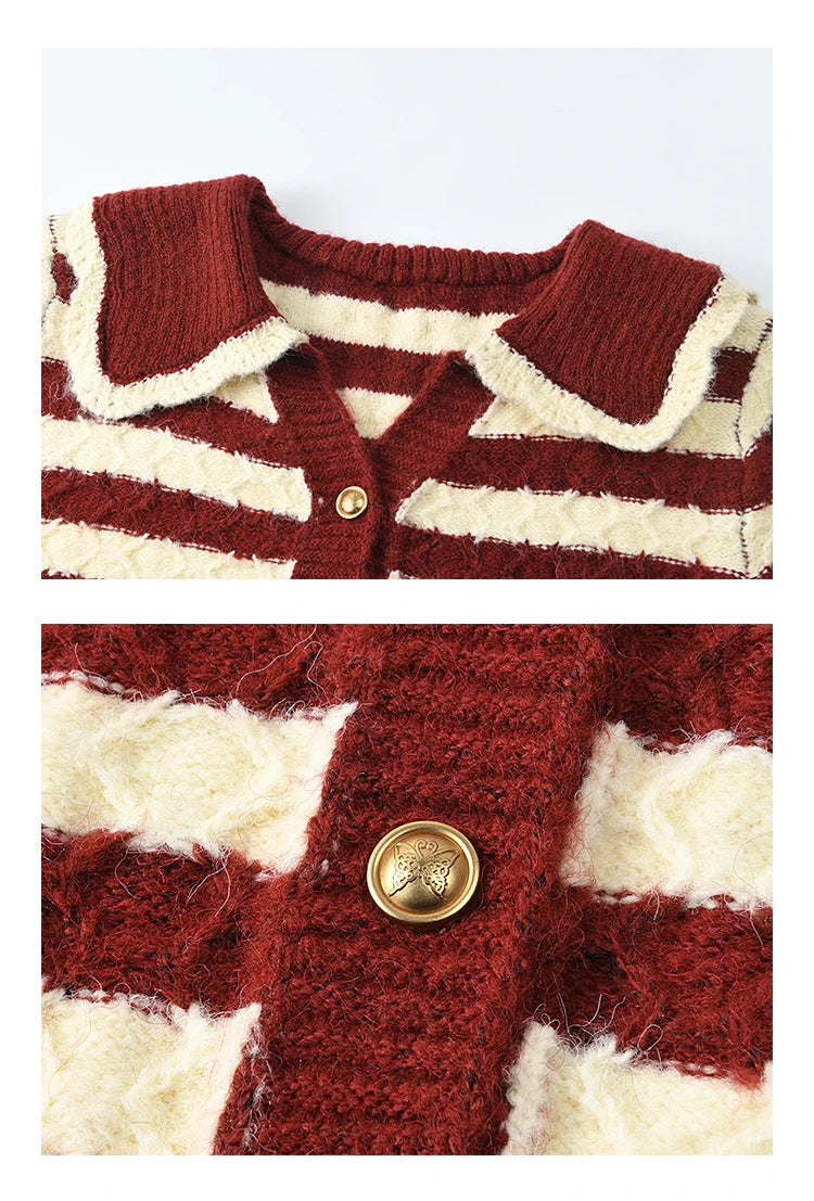 MISHOW Christmas Red Striped Turn Down Collar Cropped Cardigan Thickened Warm Wool Blend Sweater Soft Knitted Tops MXD58Z1038