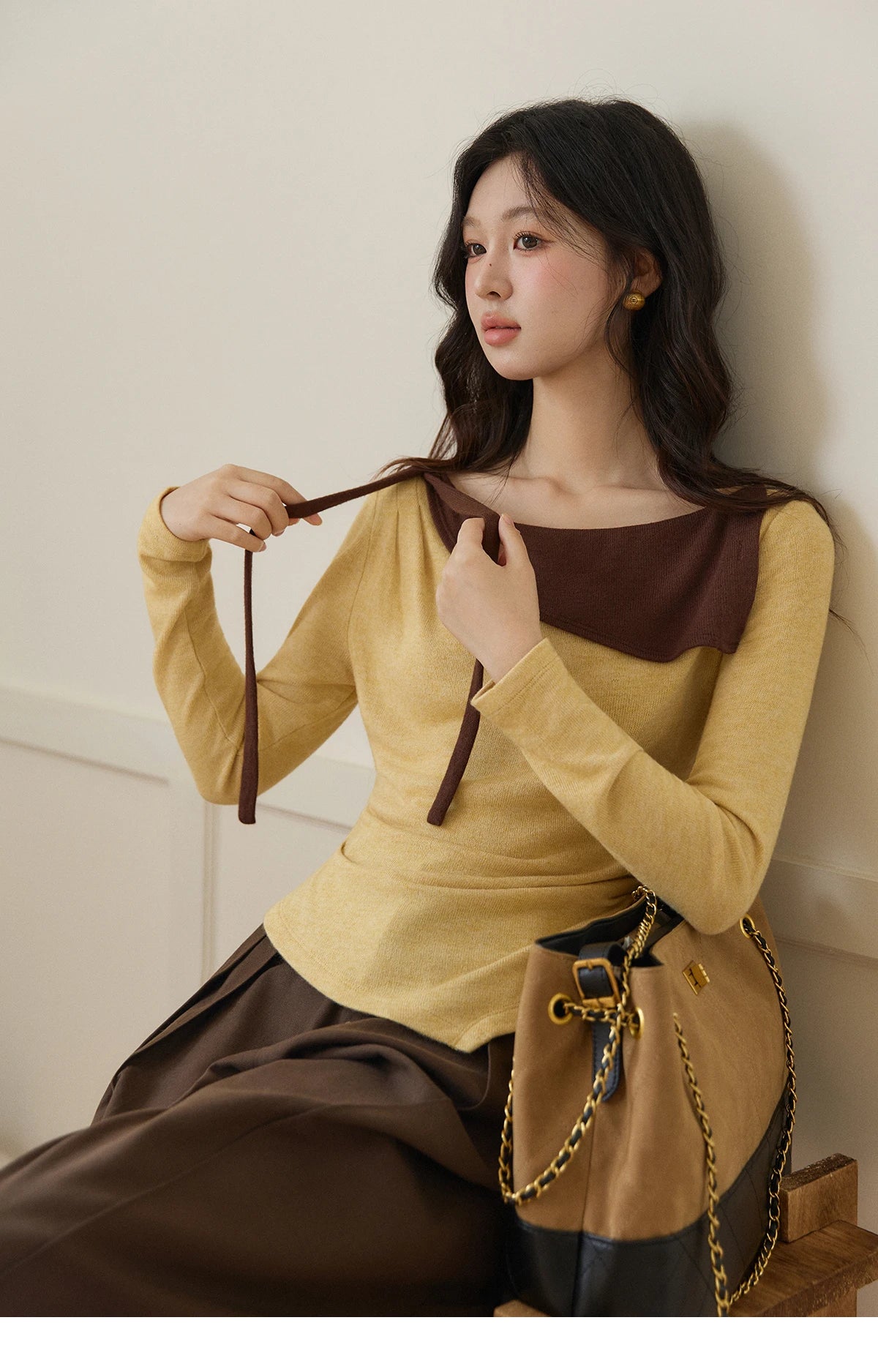 MISHOW Women's Yellow Brown Irregular Top 2026 Spring Contrast Color Oblique Collar Long Sleeve Casual Knitted Tops MXF11Z2911