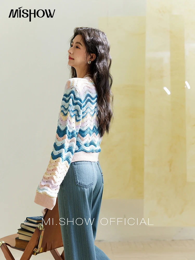 MISHOW Color Stripe Knitted Cardigan Women 2025 Spring V-neck Long Sleeve Loose Cardigans Woman Fashion Office Lady MXE16Z1203
