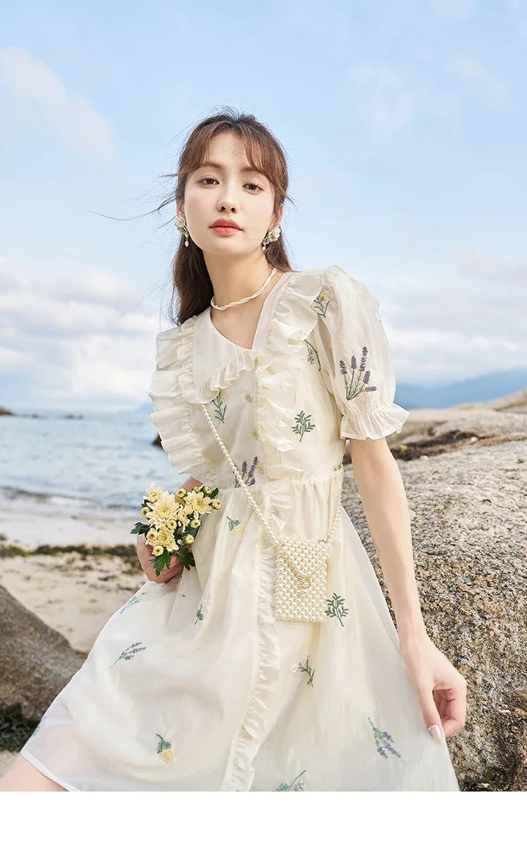 MISHOW Elegant Fairycore Embroidery Flower Dresses 2025 Summer A-line Flare Sleeve Ruffles Sweet Knee-Length Dresses MXC38L1518