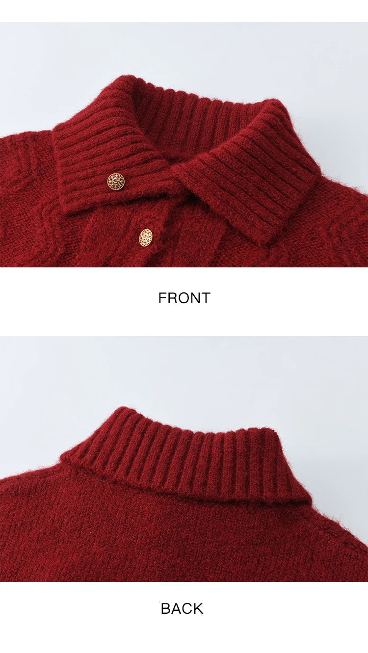 MISHOW Women's Red Knitted Cardigan Autumn Winter Cable Knitted Stand Collar Single-breasted Warm Loose Outerwear MXE92Z2827
