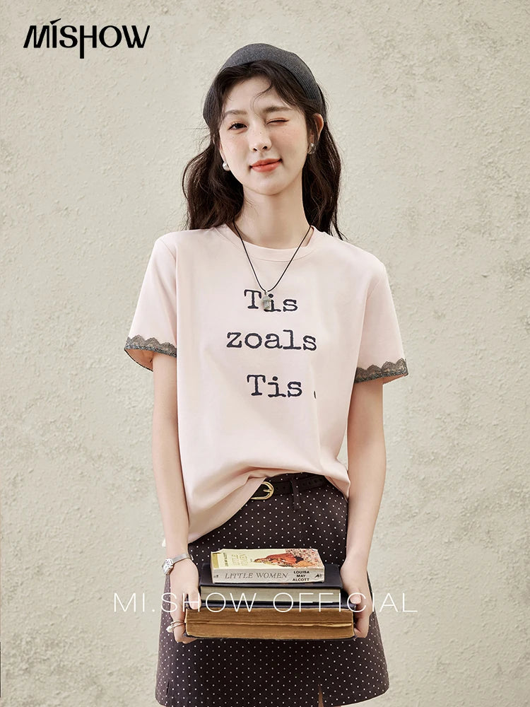 MISHOW Casual Pink Letter T-shrit Women Summer 2025 New Short Sleeve Round Neck Shirts Woman Fashion Lace Tops Lady MXE32T0529