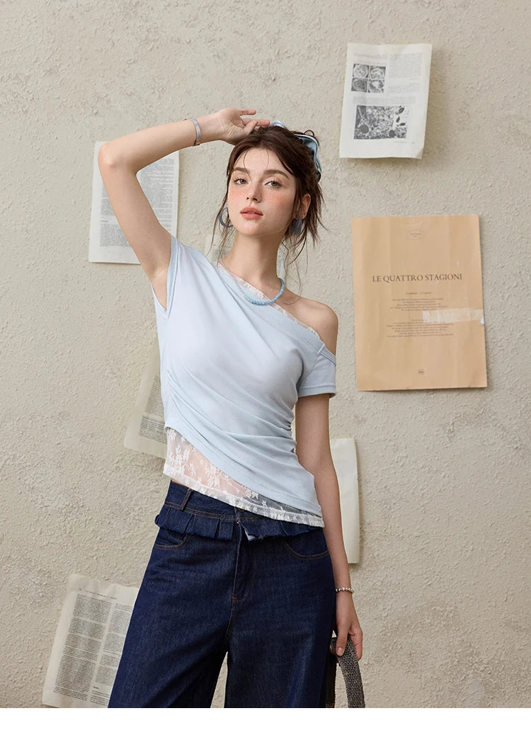 MISHOW Sexy Summer New T-shirts Women 2025 Short Sleeve Skew Collar Off-shoulder Lace Shirt Female Versatile Thin MXE31T0503