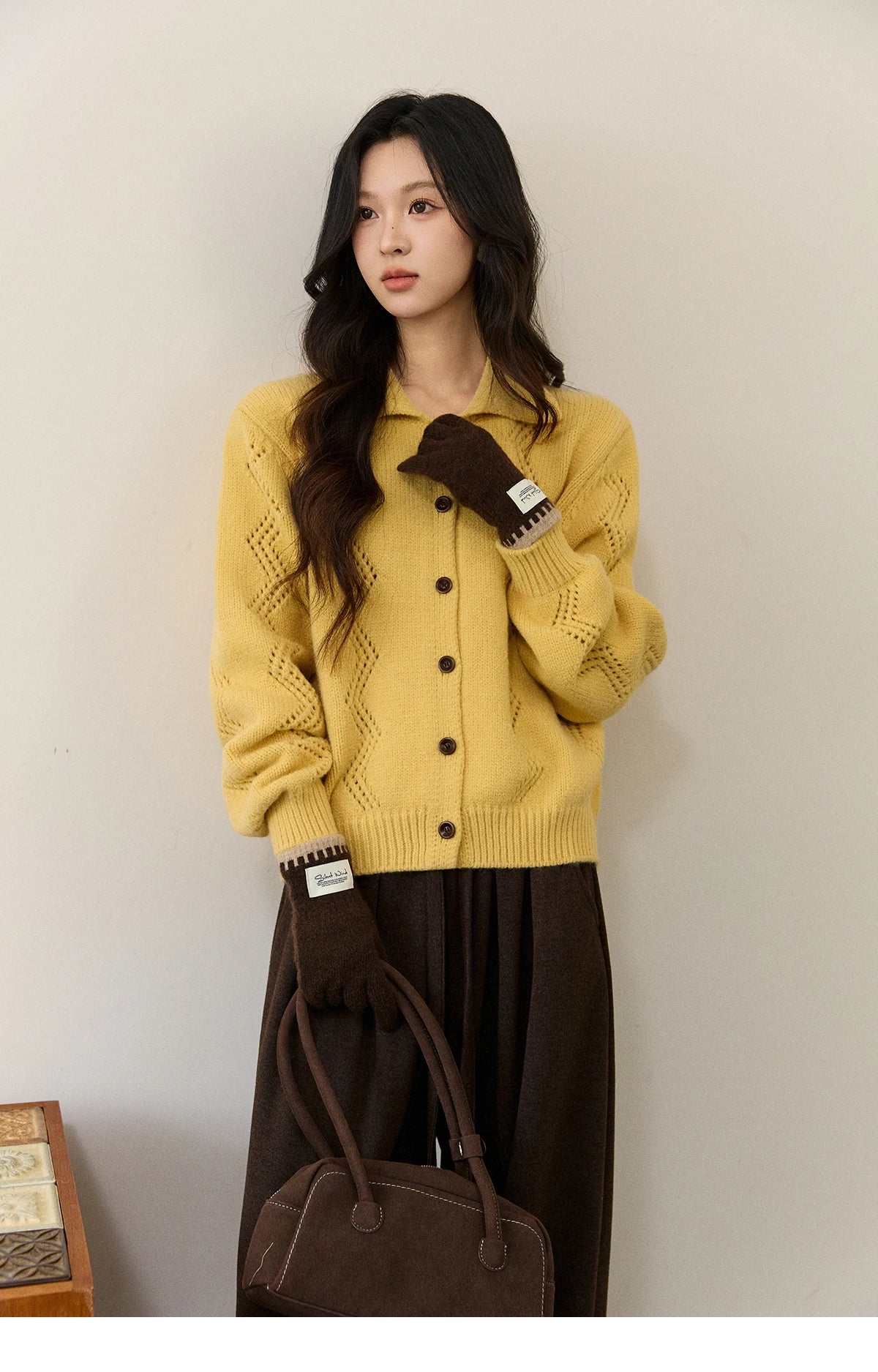 MISHOW Women's Hollow Pattern Knitted Cardigan 2025 Winter Yellow Lapel Single Breasted Sweater Loose Pullover Tops MXE94Z2961