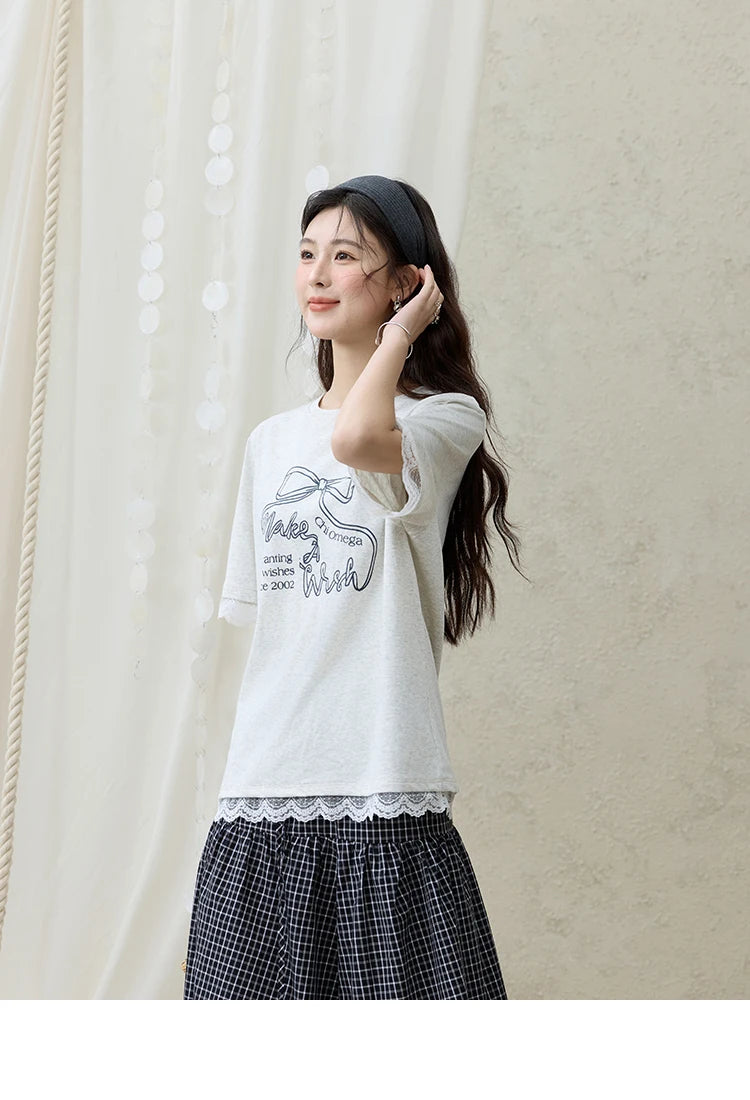 Mishow Print Lace Bow Detail Tee MXE32T0554