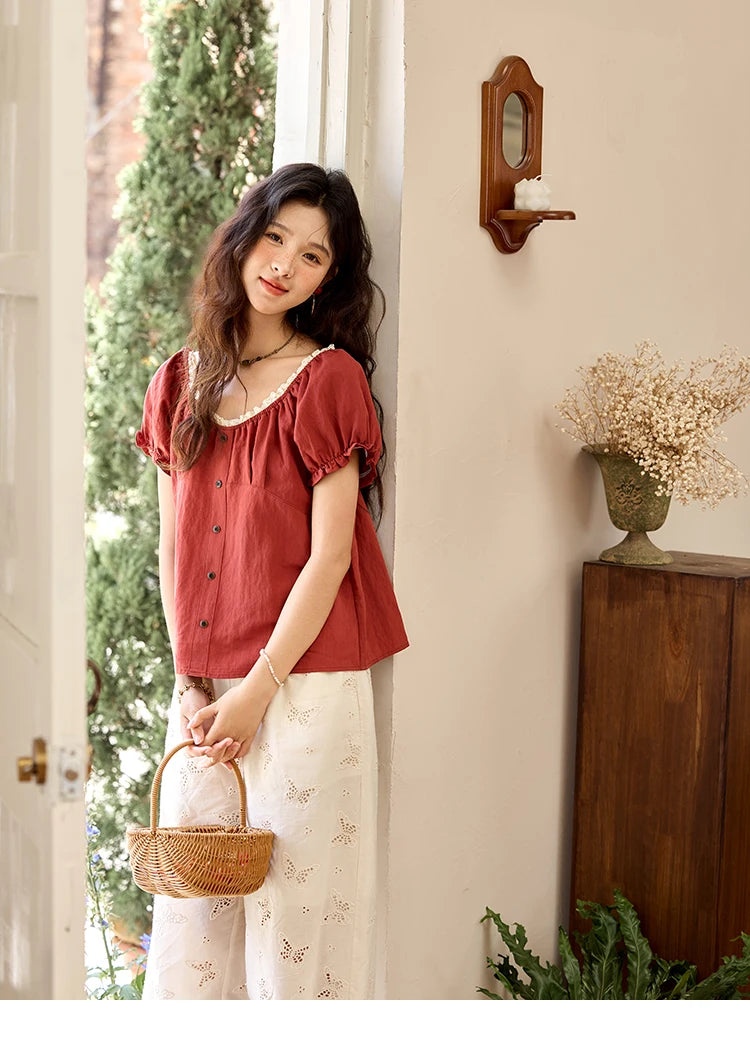 MISHOW French Summer Shirts for Women 2025 Short Puff Sleeve Lace Colla Slimming Blouses Female Sweet Fashion New MXE35X1827