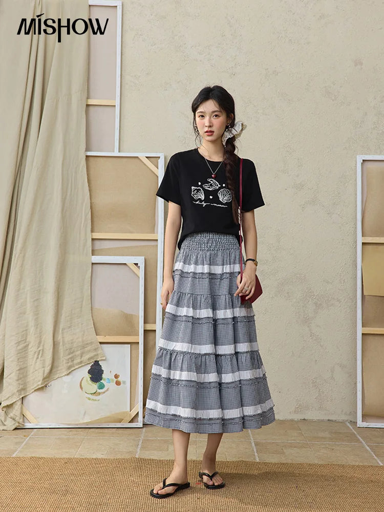 MISHOW Women's Shell Embroidered T-shirt 2025 Summer Short Sleeve Cotton Blend Tops Loose Slim Round Neck Casual Tees MXE34T0570