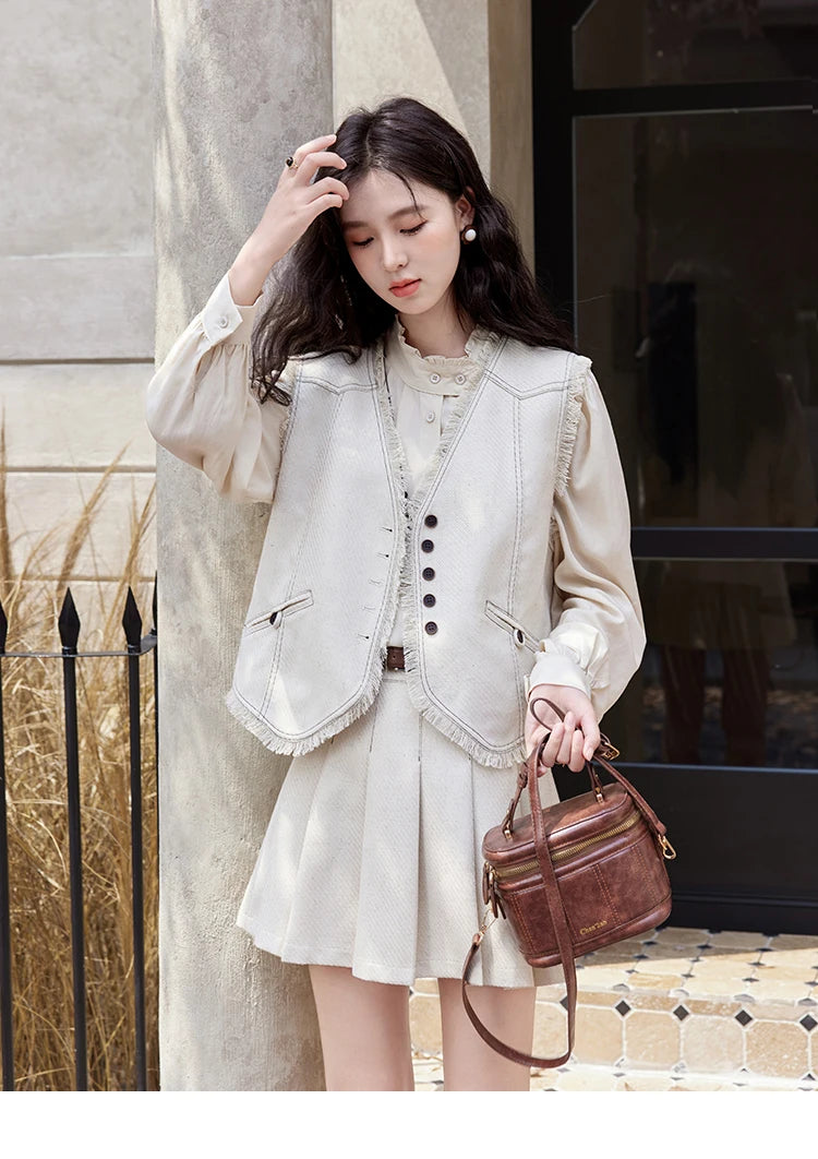 Mishow French Apricot Stand Collar Shirt & Pleated Mini Skirt Set MXD48C0365