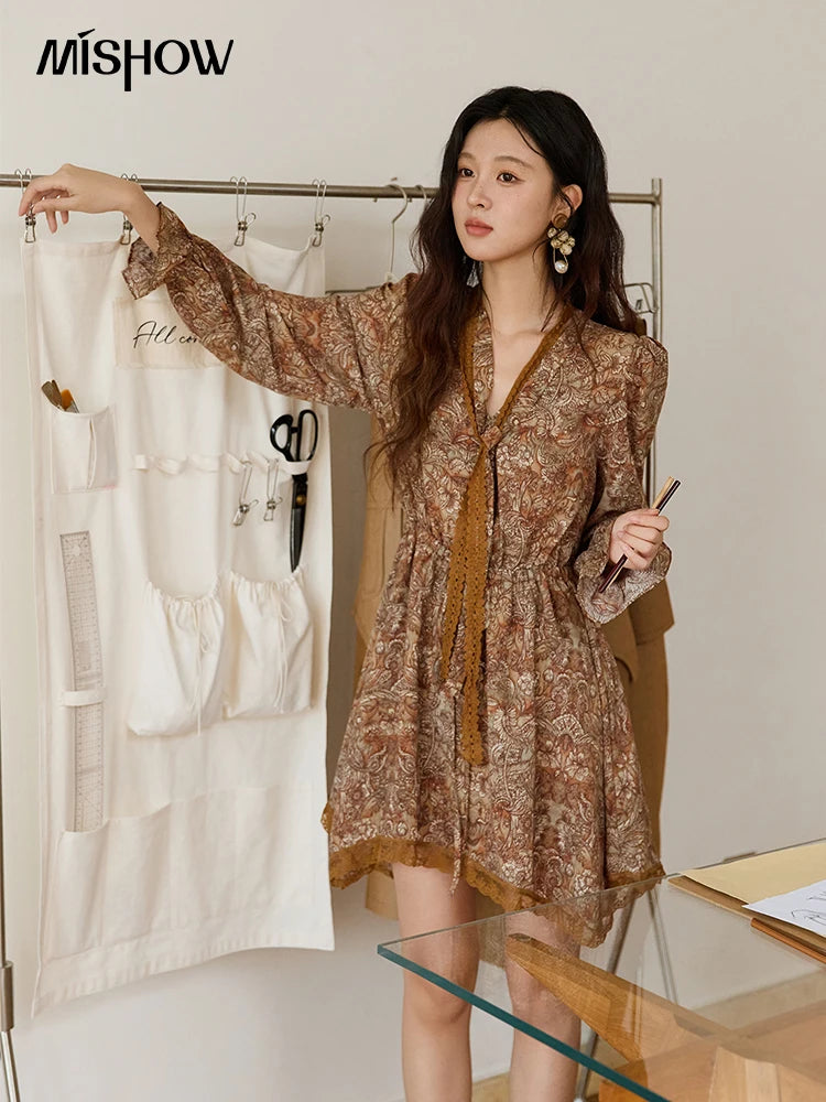 MISHOW Mini Dress for Women's French Vintage Printed Dress 2025 Autumn New Elegant Long-Sleeve Dinner Dresses Luxury MXE46L2518