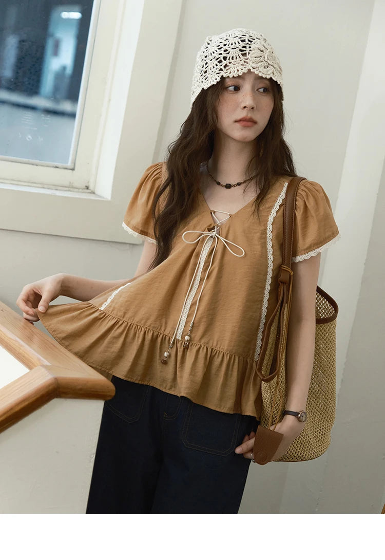 MISHOW V-Neck Puff Sleeve Blouse Lace Up Patchwork Ruffle Edge MXE37X1852