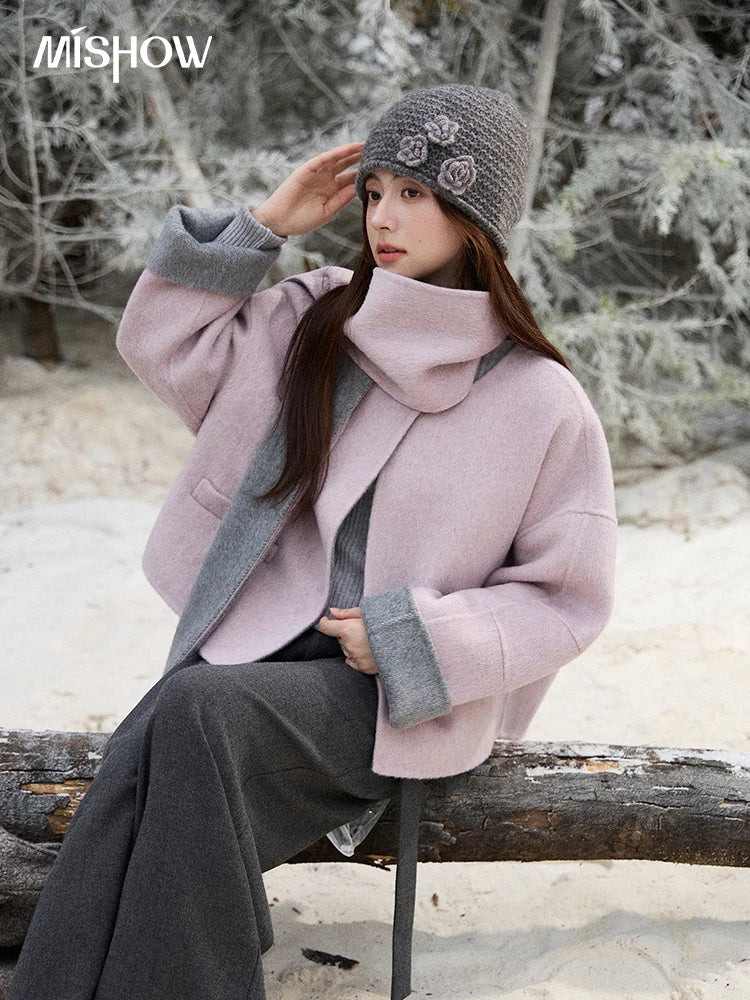 MISHOW Women's Tweed Wool Double-Faced Short Coat with Scarf 2025 Winter Loose Warm Outerwear O-neck Coat Office Lady MXE86W0977