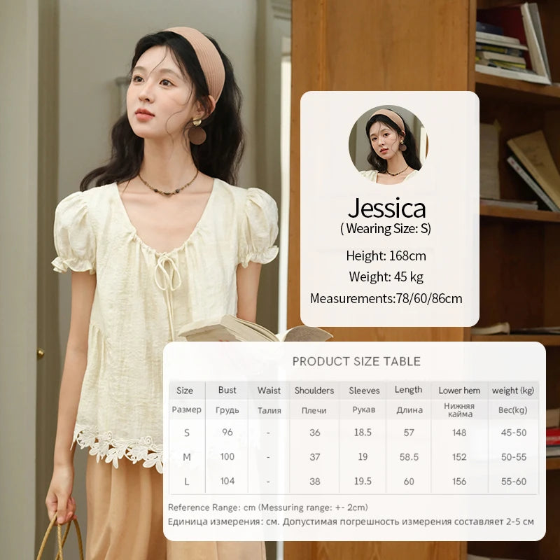 MISHOW Women's French Round Neck Lace Up Blouse 2025 Summer Embroidery Puff Sleeve Flower Spliced Commut Short Top MXE39X1956