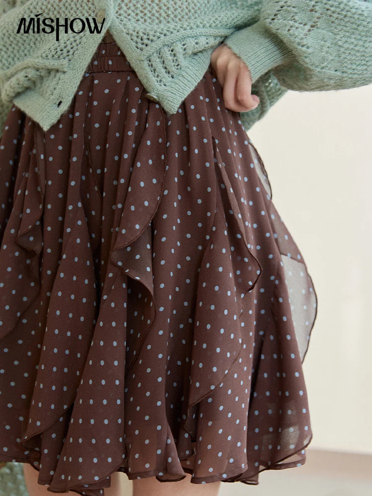 MISHOW Women's Brown Polka Dot Skirt Spring Irregular Ruffled Chiffon Elastic Waist Skirts Casual A-line Mini Skirt MXF13B2476