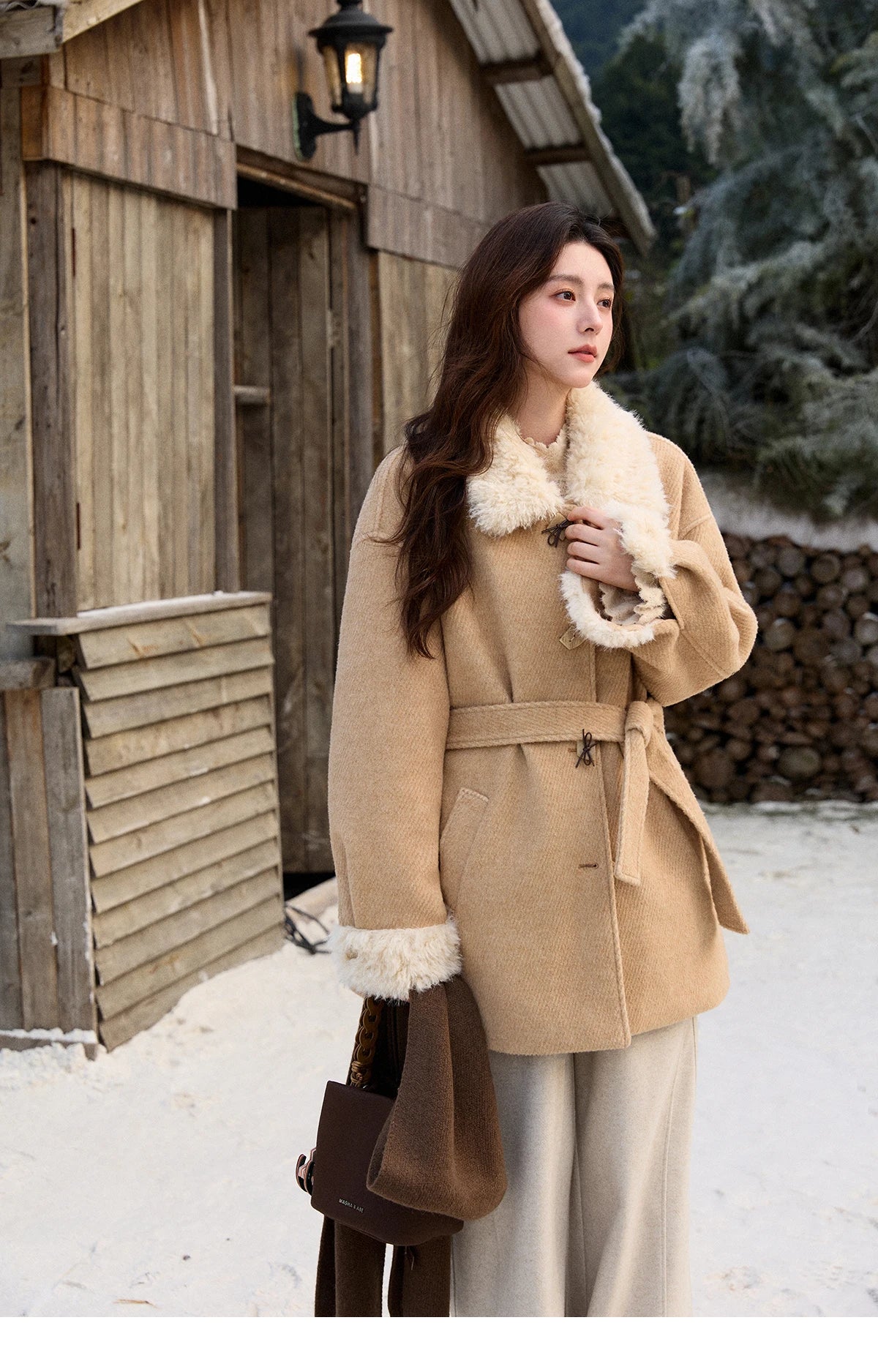 MISHOW Women's Thick Wool Blend Coat 2025 Winter Korean Retro Fleece Patchwork Coats Belted Lapel Elegant Overcoat MXE92W0997