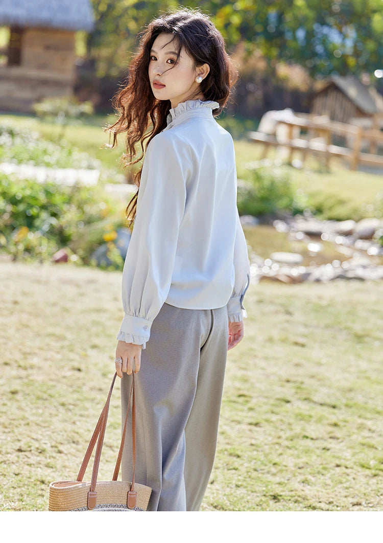 MISHOW French Ribbon Stringy Selvedge Neck Shirt for Women Spring 2025 Slim 100 Lyocell Shirts Solid Commuter Tops MXE13C0383