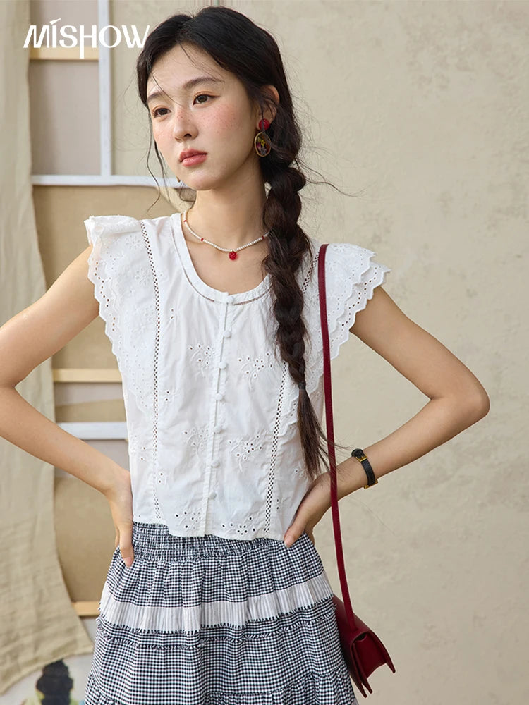 MISHOW Flying Sleeve Blouses for Women Summer 2025 Korean Slim Waist 100 Cotton Solid Blouse Hollowed Out Lace Tops MXE36X1844