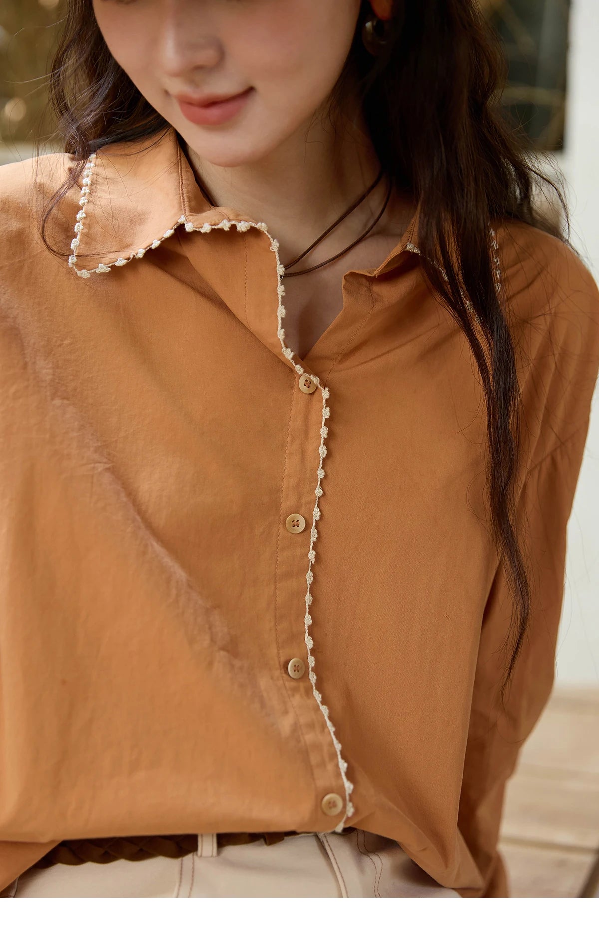 MISHOW Women's 100% Cotton Shirt 2025 Autumn Korean Lapel V-neck Single Breasted Tops Lace Trim Shirts Office Lady MXE43C2377